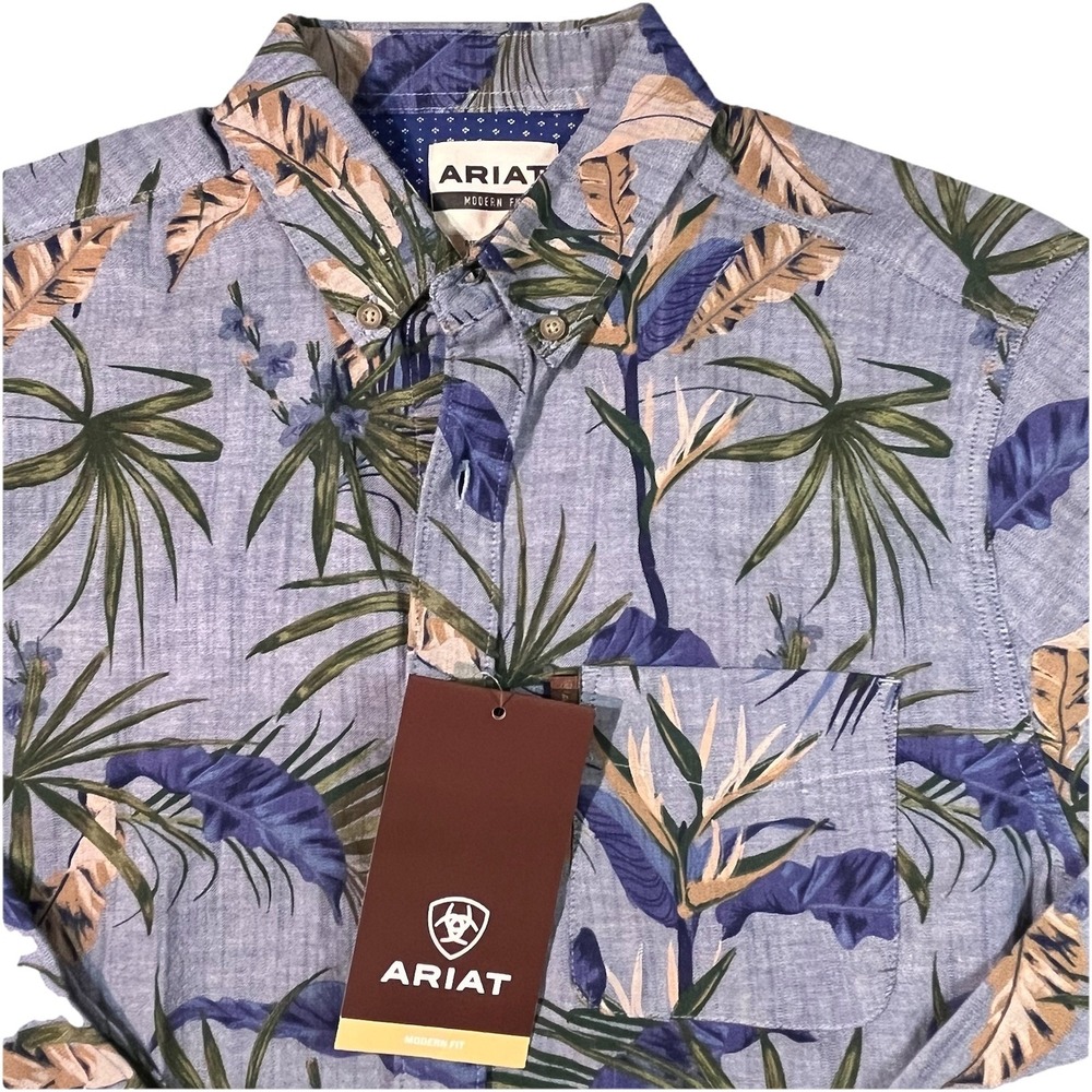 Ariat Modern Fit Flip Cuff Button Down Shirt Men M Floral Print Western Blue NWT